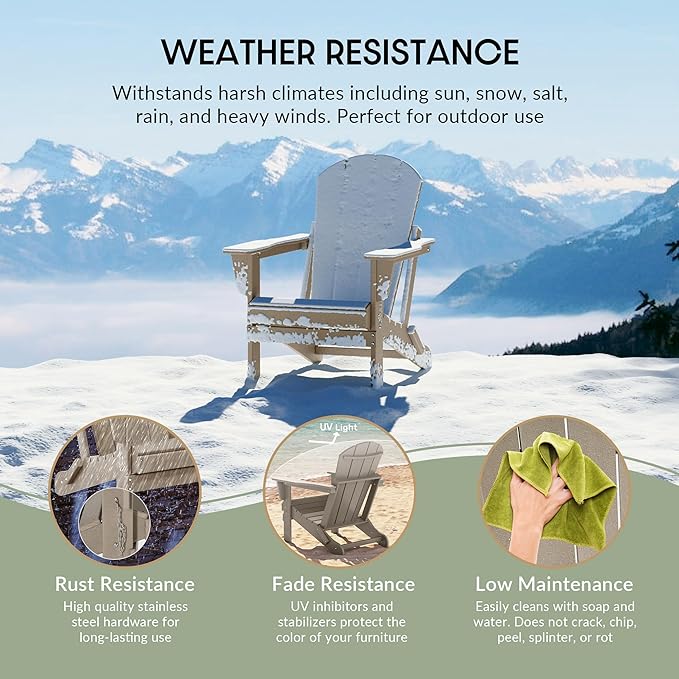 WestinTrends Malibu 3-Pieces Adirondack Chairs Set with Side Table, All Weather Outdoor Seating Plastic Patio Lawn Chair Folding for Outside Porch Deck Backyard, Weathered Wood
