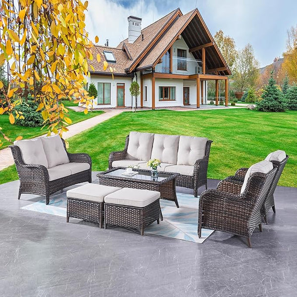 Outdoor Patio Furniture Sofa Set - 7 Piece Rattan Wicker Patio Sectional Conversation Sets with 1 Sofa, 1 Loveseat - Photo 1