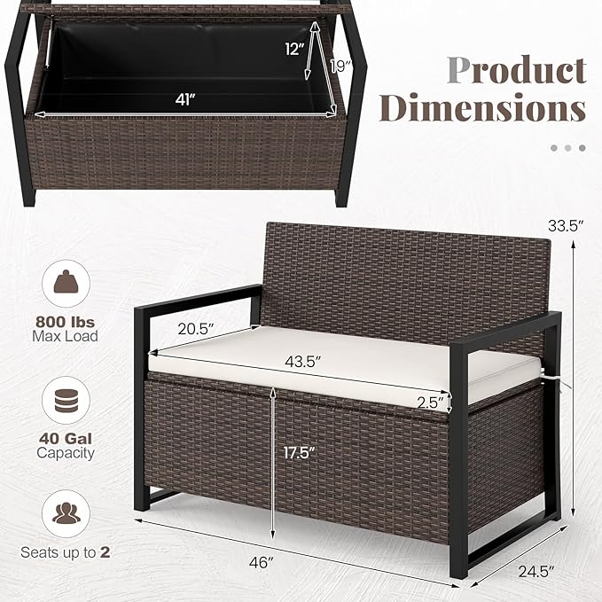 RELAX4LIFE Wicker Outdoor Bench with Storage - Rattan Deck Box w/Protective Liner for Pillows, Pool Supplies - Photo 3