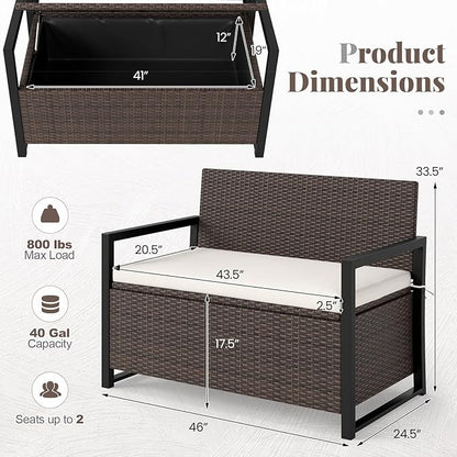 Tangkula 40 Gallon Outdoor Bench with Storage, Patio Wicker Storage Bench with Cushion, Cover, Metal Frame, Deck Box Seat for Backyard, Poolside, Balcony, Garden