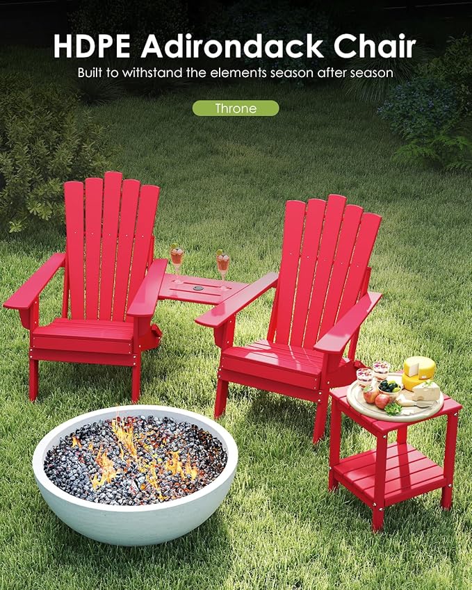 GREENVINES Folding-Adirondack-Chairs-Set-of-2 | HDPE Plastic | Throne Series | Fire Pit Chair | with Connecting Tray | Removable Table | All Weather | for Outdoor Patio Deck Poolside | Red