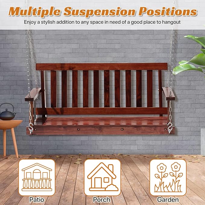 Wooden Porch Swings Outdoor Bench Swing 48inch, 2 Person Seating Hanging Porch Swing Solid Wood Patio Bench for Garden - Photo 6