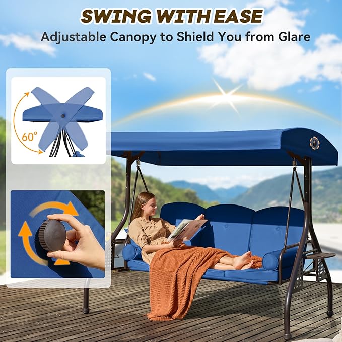 3 in 1 Outdoor Porch Swing with Adjustable Canopy, 3 Seat Outdoor Swing for Adults - Photo 3
