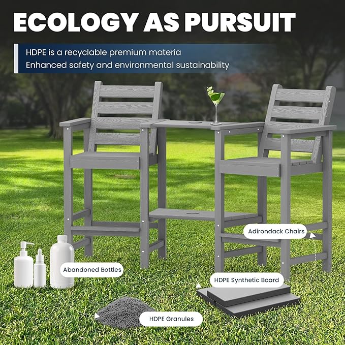 PLUUV Tall Adirondack Chairs Set of 2, All Weather HDPE Poly Bar Height Balcony Adirondack Chair with Removable Double Connecting Trays, Outdoor Adirondack Barstools for Deck, Patio, Yard, Pool, Lawn
