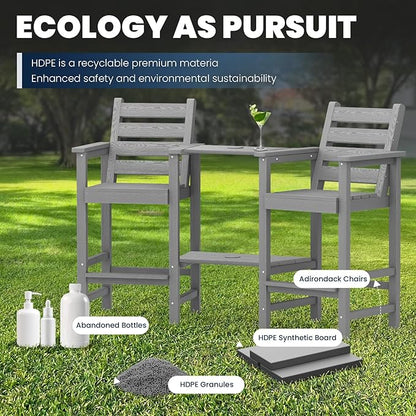 PLUUV Tall Adirondack Chairs Set of 2, All Weather HDPE Poly Bar Height Balcony Adirondack Chair with Removable Double Connecting Trays, Outdoor Adirondack Barstools for Deck, Patio, Yard, Pool, Lawn