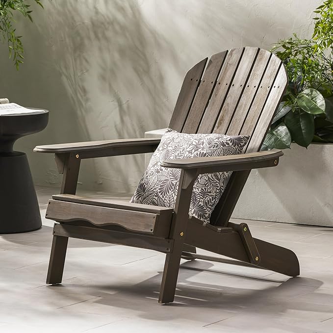 Merax Folding Adjustable Acacia Wood Adirondack Chairs, Water Proof Outdoor Wooden Fire Pit Lounge Reclining Chair for Yard, Garden, Patio, Gray