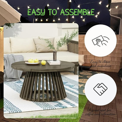 Acacia Wood Patio Coffee Table, Patio Outdoor Acacia Wood Round Coffee Table for Backyard, Lawn, Balcony, Teak Finish, Grey