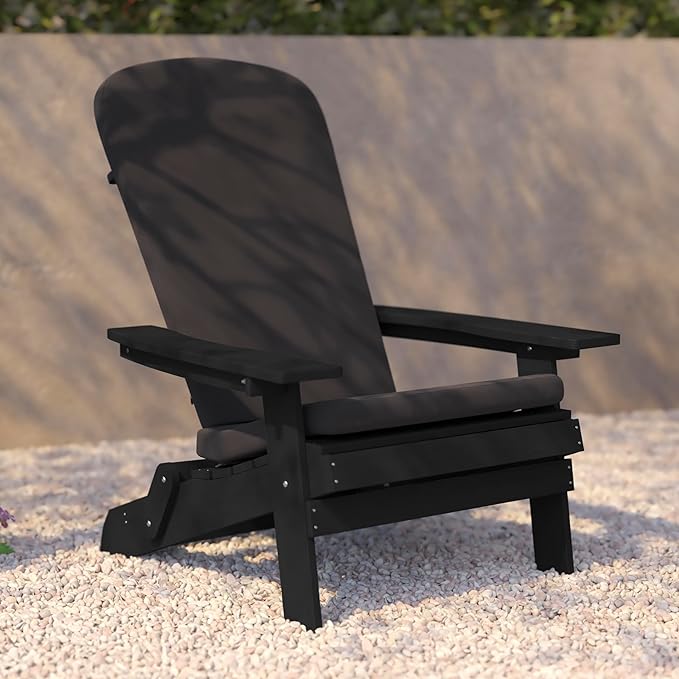 Flash Furniture Charlestown Folding Adirondack Chairs Poly Resin Frame-All-Weather Cushions-Indoor/Outdoor Use, Set of 2, Black/Gray