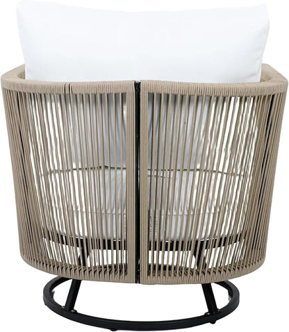 Merax Outdoor Swivel Chair, 360-Degree Rotation, Natural Acacia Wood with Handwoven Beige Rope Design and Seat Cushion, Metal Swivel Base, Weather-Resistant Chair for Patio Garden Balcony