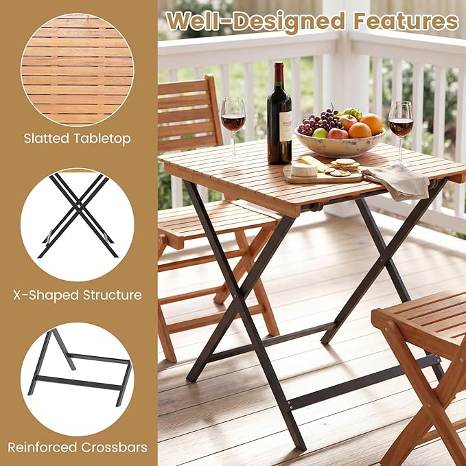 Tangkula 28-Inch Acacia Wood Patio Dining Table, Square Foldable Outdoor Table with Slatted Tabletop, Portable Outside Bistro Dining Table for Backyard, Porch, Balcony