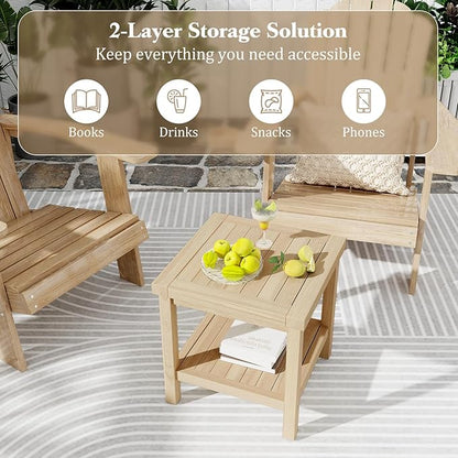 Tangkula 2-Tier Outdoor Side Table, Teak Wood End Table with Storage Shelf, Square Patio Snack Table, Coffee End Table for Porch Deck Garden, Natural