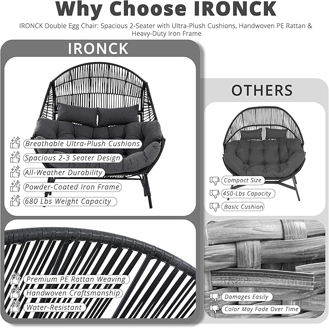 IRONCK Double Egg Chair Outdoor, 2 Person Wicker Lounge Chair, Oversized Thickened Padded Cushions and Headrests - Photo 6