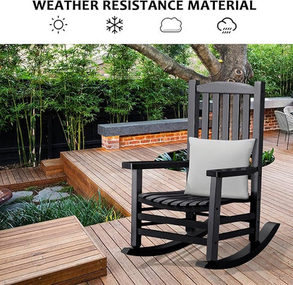 Wooden Rocking Chair Outdoor Oversized Porch Rocker Chair,Patio Wooden Rocker with High Back and Armrest,All Weather Rocker Slatted for Backyard,Garden,400 lbs Support,Black