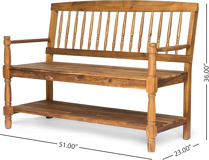 Great Deal Furniture Christopher Knight Home Cody Outdoor Acacia Wood Bench with Shelf, Teak Finish - Photo 3