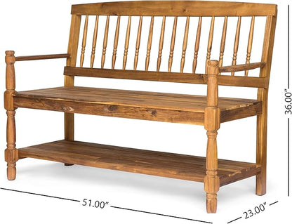 Great Deal Furniture Christopher Knight Home Cody Outdoor Acacia Wood Bench with Shelf, Teak Finish