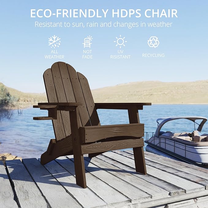 LUE BONA Folding Adirondack Chair Set of 2 with Adirondack Side Table, Dark Brown HDPS Fire Pit Adirondack Chairs with Cup Holder for Patio, Proch