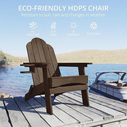 LUE BONA Folding Adirondack Chair Set of 2, HDPS Weather Resistant Patio Chair, 350lbs Heavy Duty, One-Step Folding for Balcony Garden, Wood Grain Texture, Outdoor Fire Pit Seating, Dark Brown
