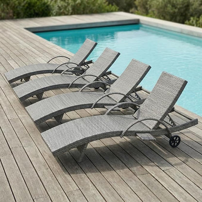 Set of 4 Outdoor Chaise Lounge Chairs with Wheels, Pull-Out Side Table, 5-Position Adjustable Backrest, All-Weather Wicker Patio Pool Lounge Chairs for Poolside, Backyard, Deck, Grey