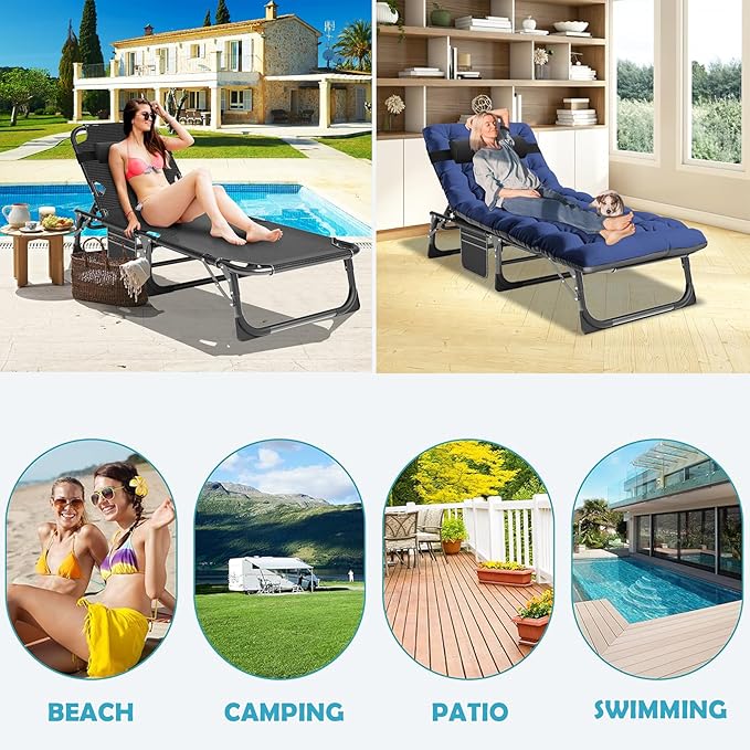ABORON 3-in-1 Folding Patio Lounge Chair, 440LB Heavy-Duty Tri-Fold Guest Bed with Plush Cotton Cushion, No Assembly Adjustable Recliner for Office Nap, Patio Sunbathing, Poolside & Camping