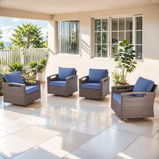 Luxury Outdoor Swivel Rocker Patio Chairs Set of 4 - Heavy Duty 4 Piece Patio Furniture Set All Weather Wicker Glider Set with Comfort Thick Cushion for Porch, Poolside and Deck - Blue
