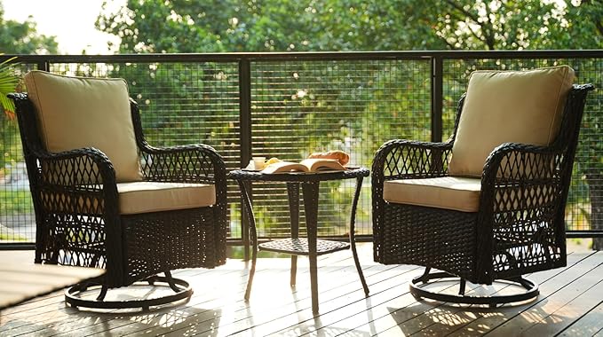 GAOMON 3 Piece Outdoor Patio Set, Wicker Rocking Bistro Set with 2 Swivel Chairs & Tempered Glass Top Table, Rattan Outdoor Furniture with Cushions for Patio Porch Backyard,Brown Wicker/Beige Cushion