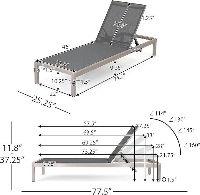 Christopher Knight Home Cape Coral Outdoor Mesh Chaise Lounges, 2-Pcs Set, Dark Grey / Silver