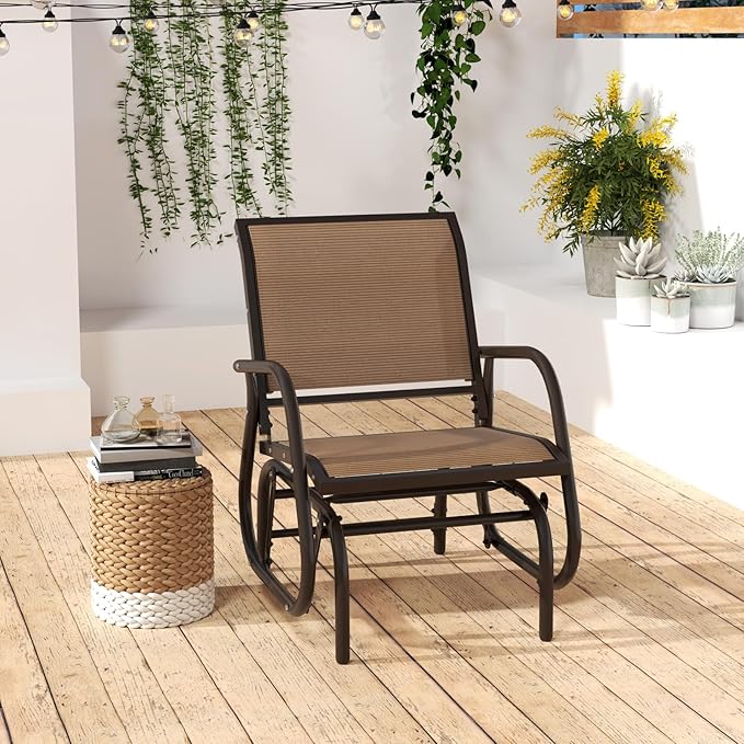 Tangkula Swing Glider Chair, Ergonomic Rocking Chair with Comfortable Fabric, Iron Frame, 4 Non-Slip Foot Pads, Outdoor Patio Glider Rocker Chair for Living Room, Garden, Backyard (1, Brown)