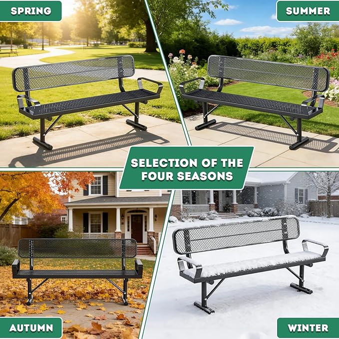 6Ft Outdoor Bench with Armrests & Back Portable Frame, Outdoor Steel Park Bench with Backrest, Expanded Metal Mesh Bench for Outside, Lawn, Backyard, Park, Deck, Garden, Patio, Porch, Black