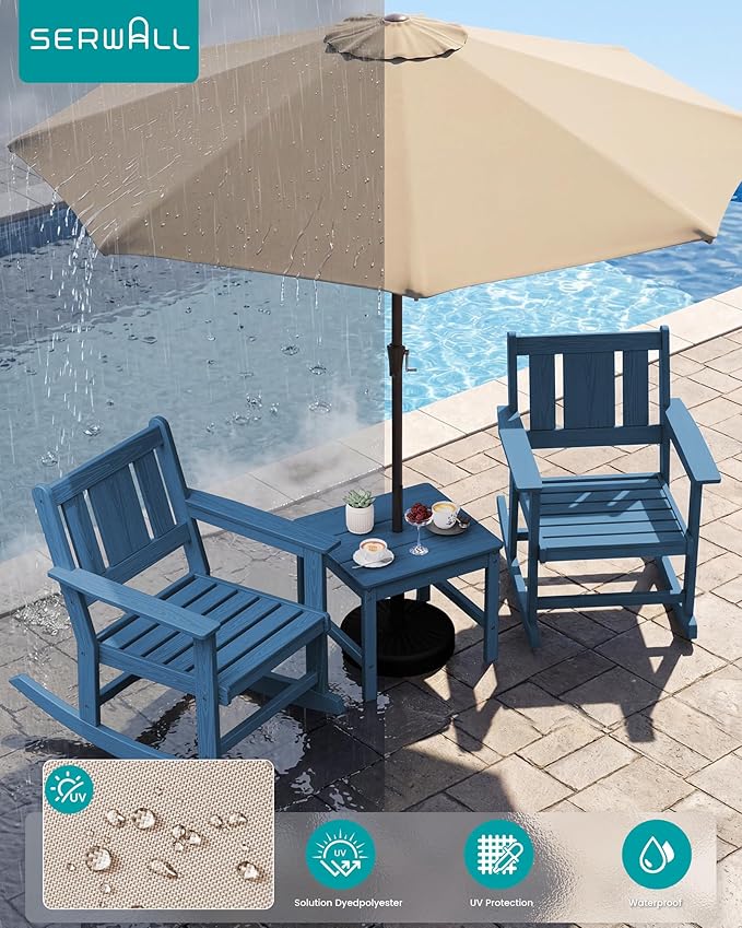 SERWALL Outdoor Rocking Chairs Set of 2 with 1 Side Table & 9ft Patio Umbrella - Photo 4