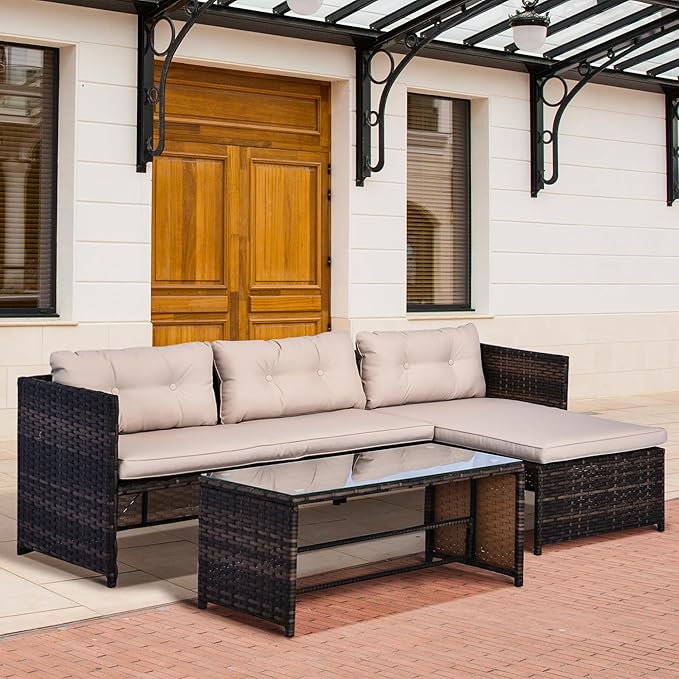 73" Modular Sleeper Sofa with Practical Tempered Glass Table, Freely Combined Chaise Lounge with Woven Rattan, Cloud Sectional Couch with Plush Thick Cushions for Patio Outdoor, Beige