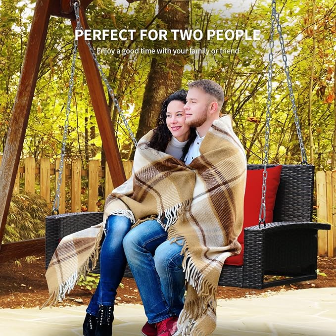 RELAX4LIFE Porch Swing 2-Seat Patio Rattan, Wicker Porch Swings Outdoor W/Two 7.9 Ft Solid Steel Chain - Photo 4