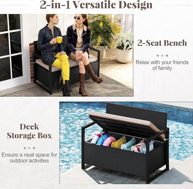 RELAX4LIFE Wicker Outdoor Bench with Storage - Rattan Deck Box w/Protective Liner for Pillows, Pool Supplies - Photo 4