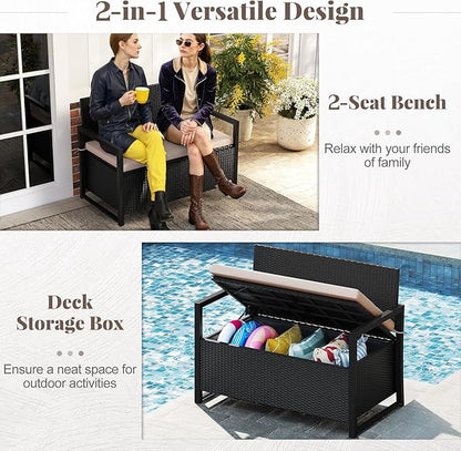 Tangkula 40 Gallon Outdoor Bench with Storage, Patio Wicker Storage Bench with Cushion, Cover, Metal Frame, Deck Box Seat for Backyard, Poolside, Balcony, Garden