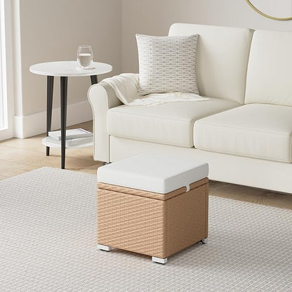 Best Choice Products Set of 2 Wicker Ottomans, Multipurpose Outdoor Furniture for Patio, Backyard, Additional Seating, Footrest, Side Table w/Storage, Removable Cushions - Natural/Ivory