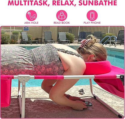 Tanning Chair with Sun Canopy Face Hole Softer Padded Adjustable Washable, Heavy Duty Layout Folding Lounge Chair for Adults Outside Beach Reading Sunbathing Poolside, UPF 50+ Sun Shade, Pink, 300 LBS