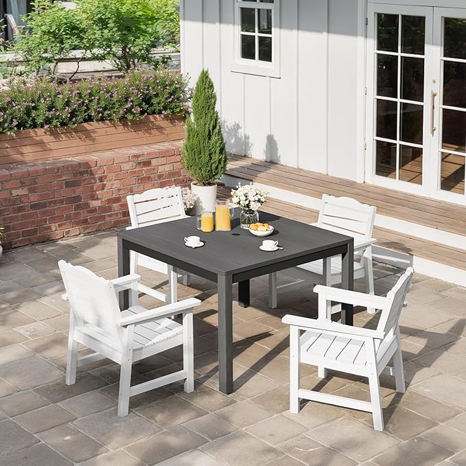 Outdoor Dining Table, Weatherproof 34" Square HIPS Patio Dining Table for 4, with 2" Umbrella Hole, Outdoor Table for Backyard Deck Poolside, Grey