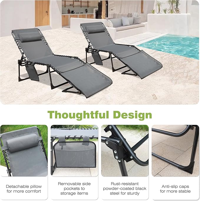 BlueWish 2 Pack Beach Chairs, Sunbath Outdoor Lounge Chair Folding Beach Chair with Adjustable Backrest - Photo 7