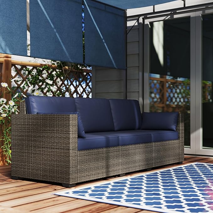 Outsunny Patio Couch PE Wicker Deep Seating Outdoor Sofa with Removable Cushions, 3 Seater Rattan Sofa - Photo 7