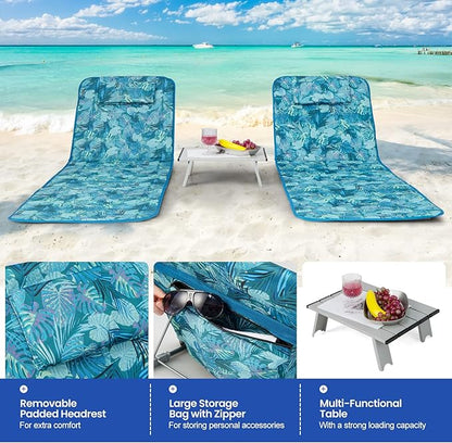 Giantex Beach Chairs with Side Table - 2 Pack Folding Lounge Chairs for Adults, 5 Position Adjustable Lawn Chair for Outdoor Sunbathing, Patio Chaise Lounge Lightweight Backpack Camping Chairs (Teal)