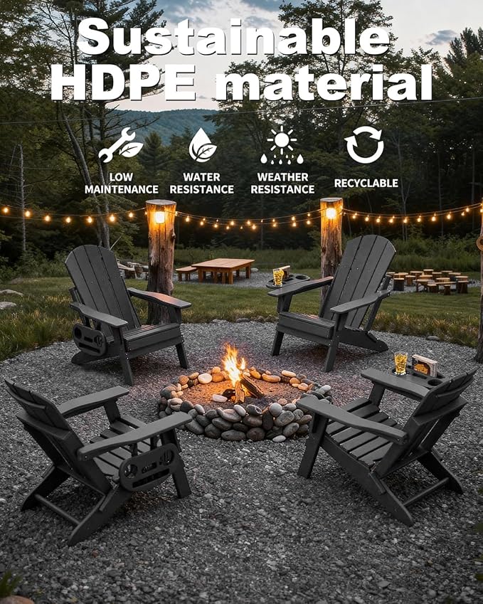 Adjustable Adirondack Chair with Cup Holder, All Weather HDPE Fire Pit Chairs for Deck, Backyard, Patio, Grey