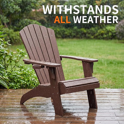 Psilvam Adirondack Chair, Oversized Poly Lumber Fire Pit Chair with Cup Holder, 350Lbs Support Patio Chairs for Garden, Weather Resistant Adirondack Chair Looks Like Real Wood (2, Brown)