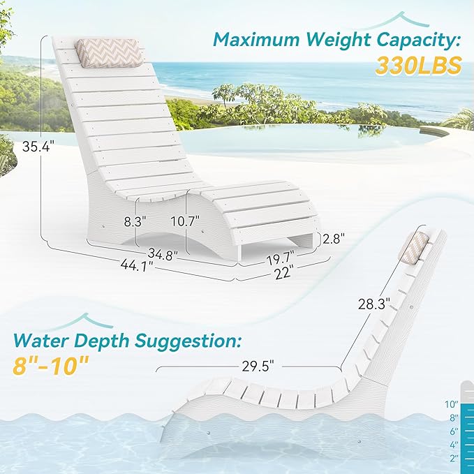 HDPS Pool Lounge Chairs Set of 2, Use in Pools Lounge Chairs up to 10-Inches of Water, Chaise Chairs with Headrest, Lounge Chair Outdoor, Fade-Resistant Pool Lounger for Deck