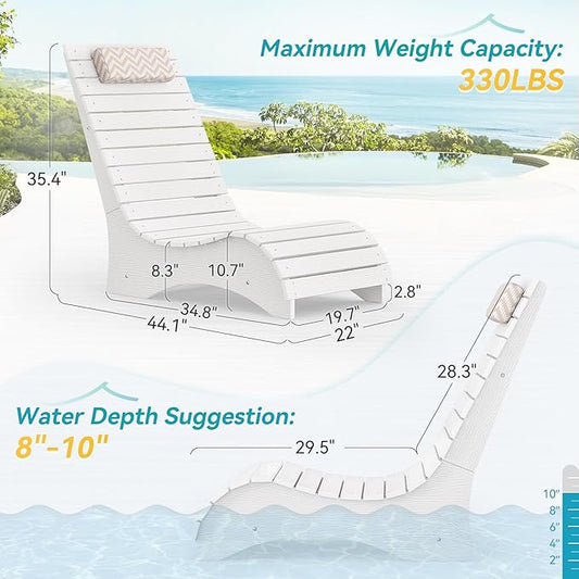 HDPS Pool Lounge Chairs, Use in Pools Lounge Chairs up to 10-Inches of Water, Chaise Chairs with Headrest, Lounge Chair Outdoor, Fade-Resistant Pool Lounger for Deck