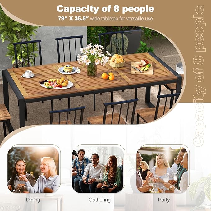 Tangkula 79 Inches Acacia Wood Outdoor Dining Table for 8, Large Rectangular Patio Table with 1.9" Umbrella Hole - Photo 7