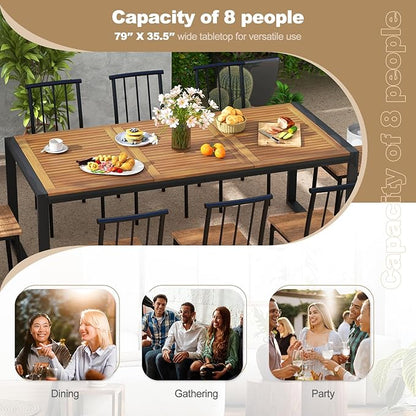 Tangkula 79 Inches Acacia Wood Outdoor Dining Table for 8, Large Rectangular Patio Table with 1.9" Umbrella Hole, Heavy Duty Metal Legs & Adjustable Foot Pads, Outside Table for Patio, Garden, Yard