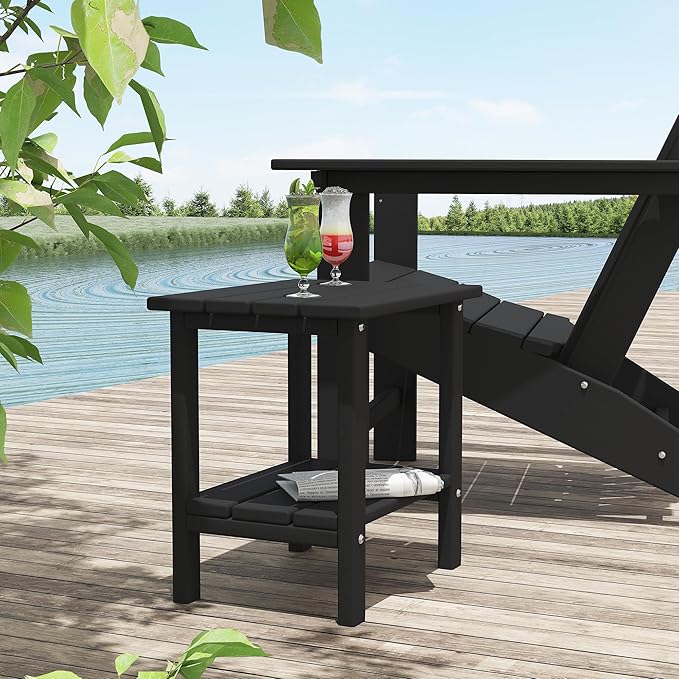 HDPE Outdoor Side Table, Small Patio Table, Weather Resistant Adirondack End Table for Outside, Balcony, Deck, Poolside, Black