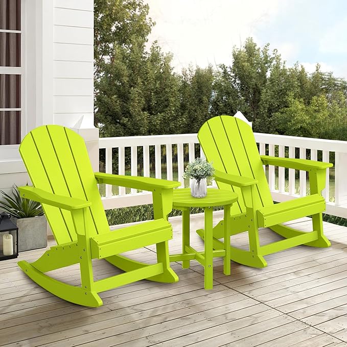Costaelm Outdoor Adirondack Chair Set of 2, All Weather Resistant Classic Balcony Chair and Fire Pit Chairs, Adirondack Plastic Outdoor Porch Furniture Rocking Chair High Back HDPE Poly Lumber, Lime
