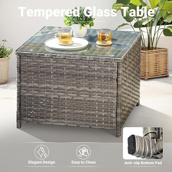 ovios Outdoor Patio Coffee Table with Tempered Glass Top Wicker Side Tables for Garden Porch Yard Deck Balcony, Grey Rattan