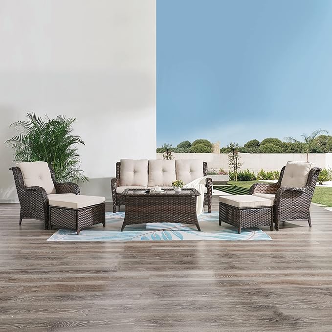 HUMMUH Outdoor Furniture 6 Pieces Patio Furniture Set Wicker Outdoor Sectional Sofa with 2 Patio Chairs, Ottomans - Photo 1