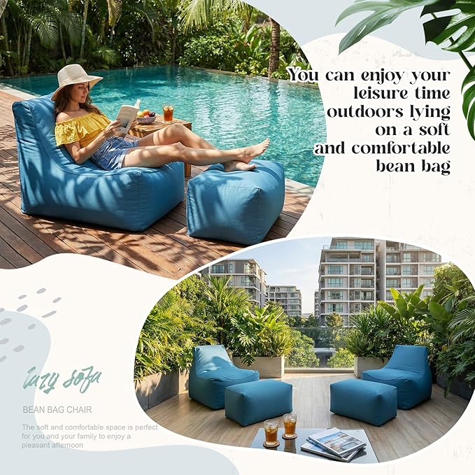Outdoor Bean Bag Chair with Ottoman, Large Patio Lounge Chair for Adults, Thick Filled Lounger for Pool, Deck - Photo 6
